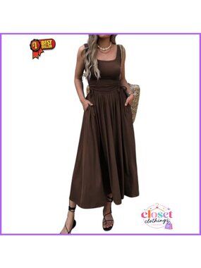 Boho Summer Maxi Dress with Pockets Sleeveless Ruched Sundress